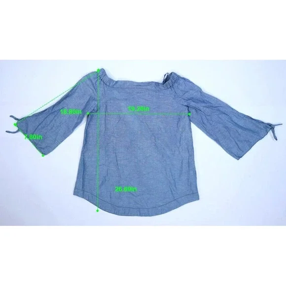 Free People Blue Cotton Linen Blend Show Some Shoulder Chambray Top Womens S - Picture 2 of 7